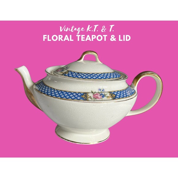 1920's K. T. & K. China Teapot with Lid White Porcelain Blue and Pink Floral - Picture 1 of 10